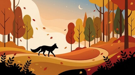 Fototapeta premium Autumn Fox Walking Through a Colorful Forest Path.