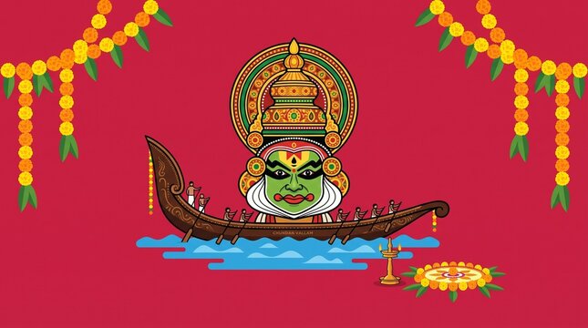 Vibrant illustration of a Kerala boat race with a Kathakali dancer's face, traditional lamps, and marigold garlands on a red background, celebrating Indian culture.