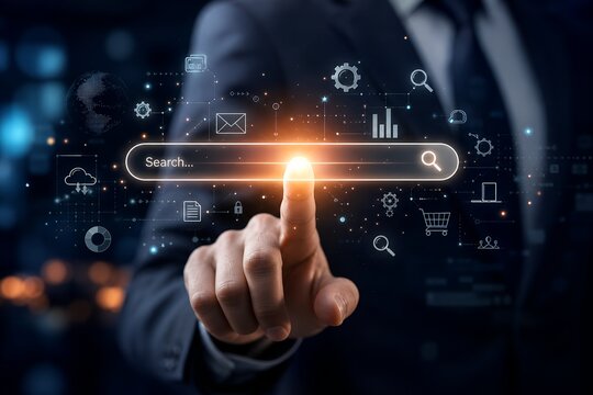 Businessman Finger Touching Glowing Digital Search Bar with Network Icons