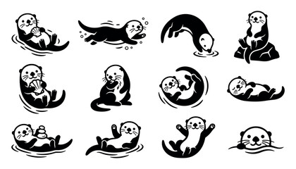 Obraz premium Cute cartoon otters set in vector flat style isolated on white background