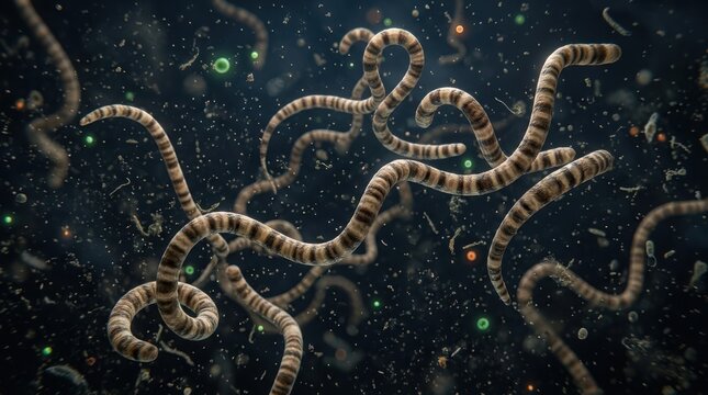 Microscopic view of long striped worms moving in dark water with glowing particles and bits of debris in a scientific environment