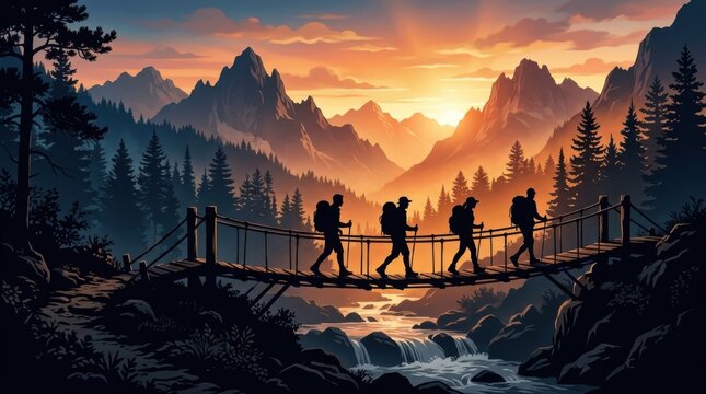 Hikers crossing a suspension bridge over a river at sunset in a mountainous landscape.
