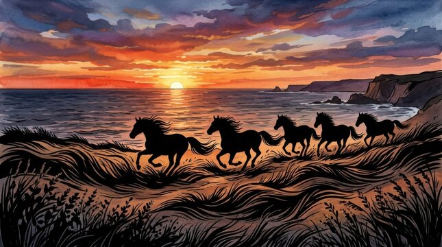Herd of Wild Horses Galloping Along a Rugged Coastline at Sunset.