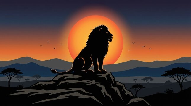 Majestic Lion Silhouetted Against a Fiery African Sunset.