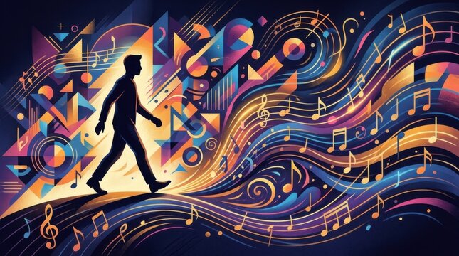 Man Walking Through Abstract Musical Landscape with Notes and Shapes.