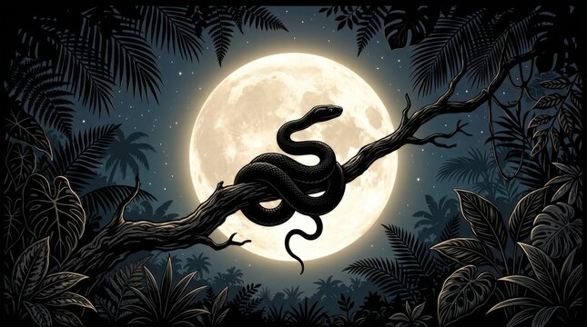 Mysterious Serpent Coiled on a Branch Under a Full Moon in a Dark Jungle.