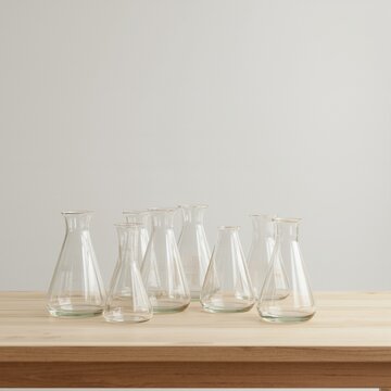 An array of empty glass beakers