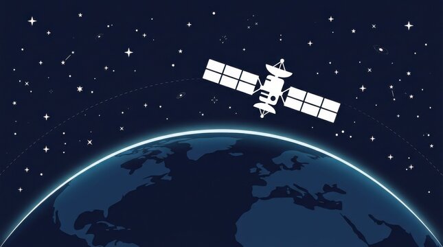 Satellite orbiting Earth in starry night sky.
