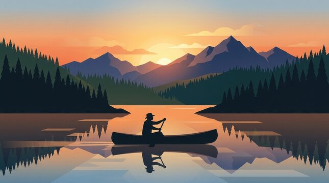 Serene Canoe Journey Through Majestic Mountain Landscape at Sunset.