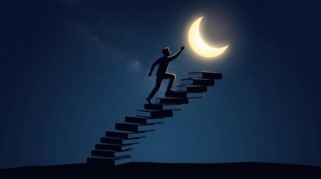Silhouette of a person climbing stairs towards a glowing crescent moon in the night sky.