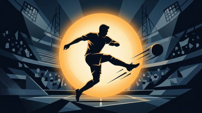 Silhouette of a soccer player kicking a ball in a stadium with a bright sun behind him.