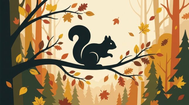 Silhouette of a Squirrel on a Tree Branch in an Autumn Forest.