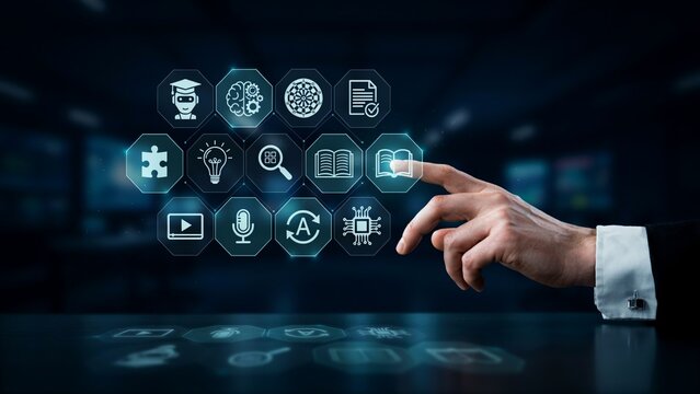 Professional businessman interacts with futuristic glowing digital interface showing academic educational icons representing knowledge development and modern learning growth strategy concepts