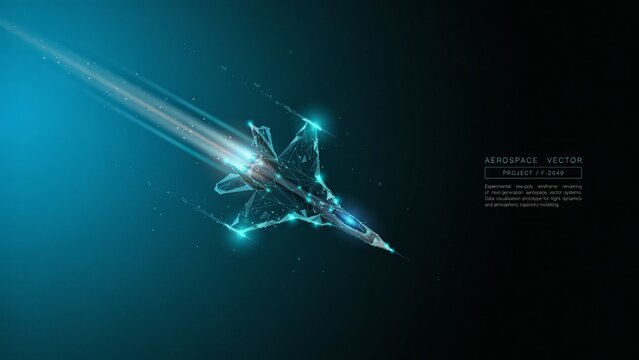 Futuristic fighter jet rendered in low poly wireframe style with glowing blue particles and high speed motion blur effect lines