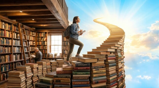 Student Ascends Staircase of Books Towards Bright Future in Library.