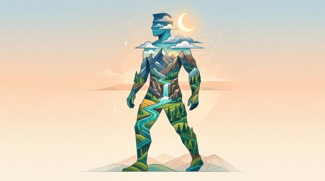 Surreal Human Figure Merged with Nature and Abstract Elements.