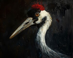 Fototapeta premium Close-up painted portrait of a red-crowned crane with long beak and dramatic dark background, digital