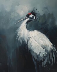 Fototapeta premium Painterly portrait of a red-crowned crane with flowing white plumage and a moody blue-gray background