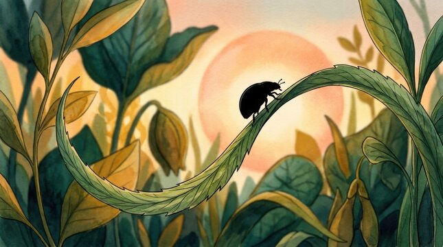 Tiny Beetle Navigates Lush Greenery at Sunrise.