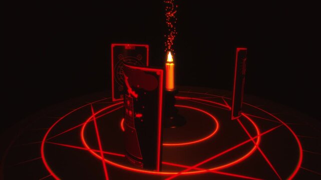Burning candle flame and floating tarot cards cast red glow over pentagram circle in a 3D occult motion background