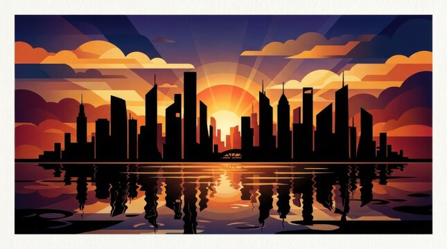 Vibrant Cityscape Silhouette at Sunset Reflection Over Water.