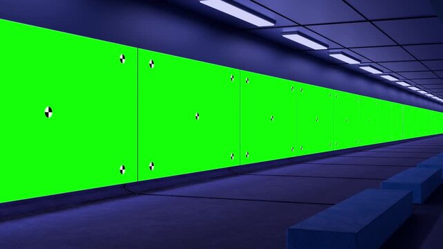 Panoramic Multi Panel Green Screen Wall in Neon Corridor