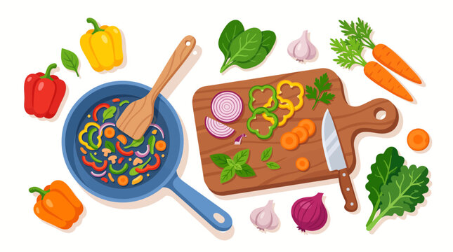 Top view of fresh vegetables being prepared for cooking in a frying pan on a wooden board.