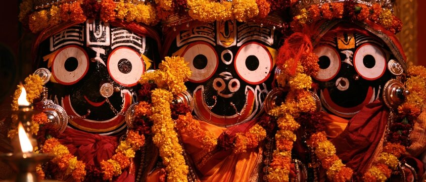 Vibrant devotional closeup of Lord Jagannath, Balabhadra, and Subhadra idols richly decorated with marigold garlands and oil lamp glow, evoking Hindu spiritual tradition and Puri temple.