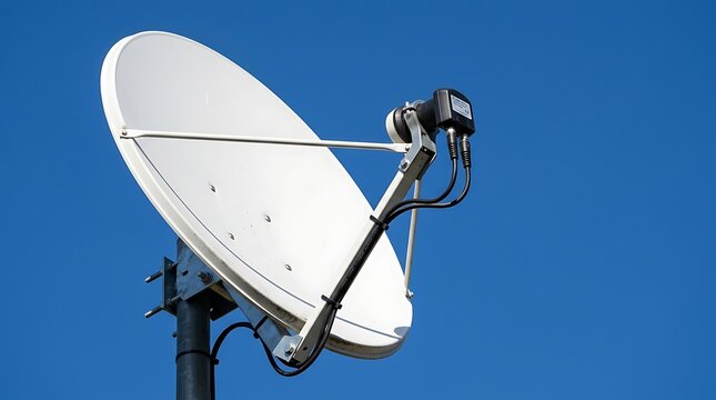 Satellite dish receiver stands mounted against a clear blue sky.