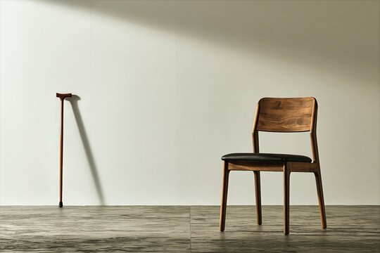 Plain Wooden Walking Cane Beside Chair on Concrete Floor