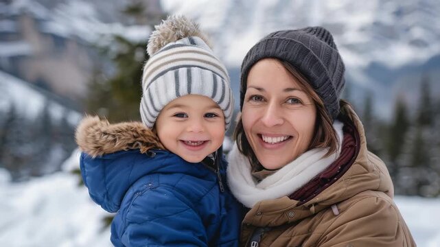 A loving mother embraces her smiling toddler son in a snowy mountain setting. Both are bundled up in winter attire, enjoying the winter weather. The image captures a warm, familial moment.