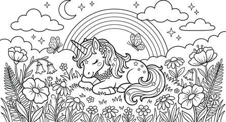 Fototapeta premium A detailed coloring page depicting a majestic waterfall scene with lush vegetation and a peaceful natural landscape