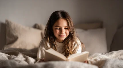 Happy Young Girl Reading Book in Cozy Bedroom Before Bedtime © sema_srinouljan