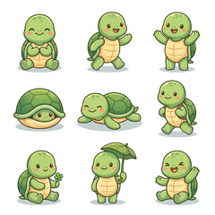 Fototapeta premium Set of Cute Cartoon Turtle Characters, Kawaii Tortoise Vector Illustrations in Various Poses for Children's Design