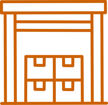 Orange warehouse line icon showing cardboard cargo boxes stored inside a storage building frame, isolated on a clean white background vector image.