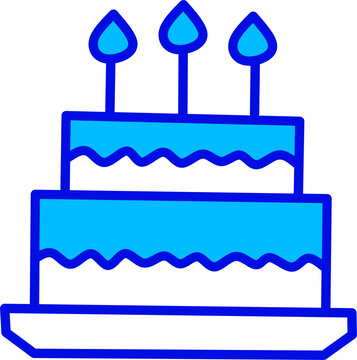 Blue two-tiered birthday cake line icon with glowing candles and sweet frosting, isolated on a white background vector graphic illustration.