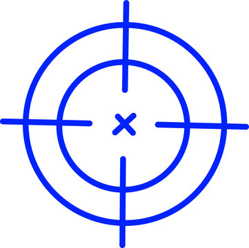Blue target crosshair icon with concentric circles and a center X mark, isolated on a white background for business, accuracy, and goal concepts.