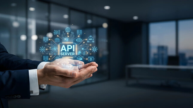 Businessman hands holding digital API server hologram with technology network icons in modern office background, symbolizing cloud computing, data integration, and secure web services.