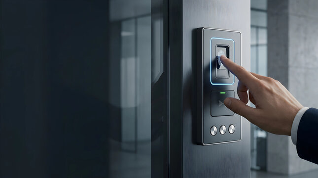 Person using modern biometric fingerprint scanner for secure access control in a contemporary office building, advanced identification technology for corporate security and privacy.