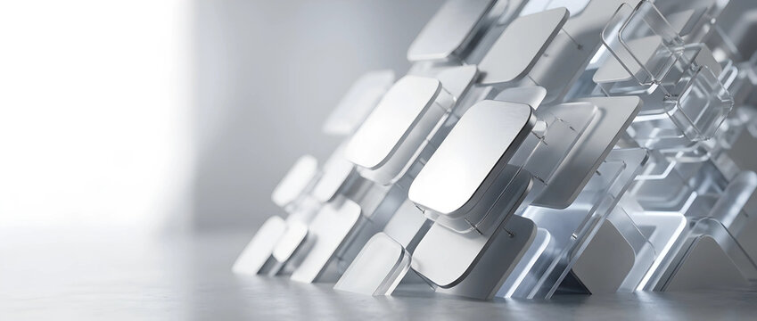 Abstract 3D rendering of futuristic white modular tiles arranged in a clean geometric structure, minimalist background suitable for corporate technology, data science, and innovation concepts.