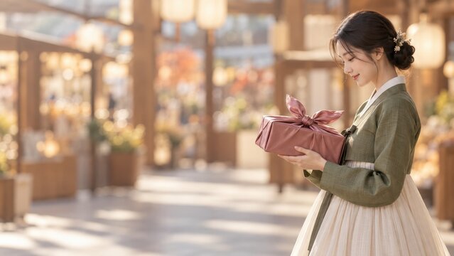 Young woman in traditional attire holding a wrapped gift with a gentle smile in bright indoor setting