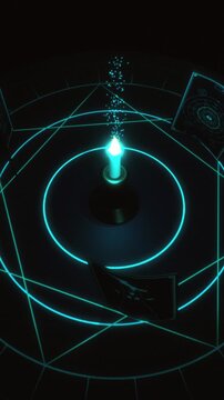 Vertical top down angle of neon cyan pentacle circle and mystical cards rotating around candlestick in a 3D animation