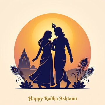 Silhouette of a couple standing together with temple and peacock feathers against a sunset background