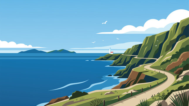 Scenic coastal road vector illustration featuring a winding cliffside highway overlooking the deep blue ocean with a distant lighthouse and green hills