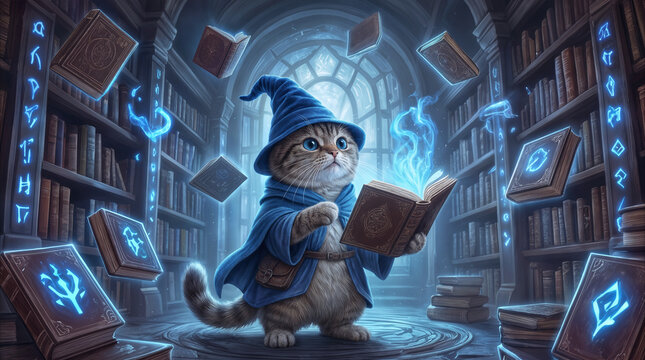 Wizard cat reading ancient spellbook in magical library. Tabby kitten wearing wizard hat and cloak practicing sorcery with glowing blue runes and floating books.