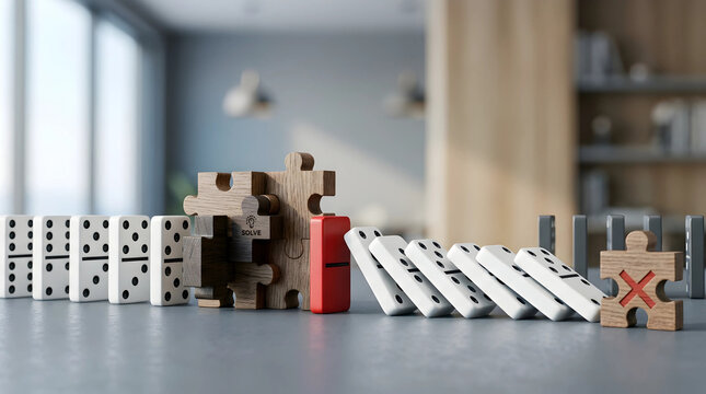 Conceptual image of red block and puzzle pieces stopping a domino effect chain reaction, representing risk management and strategic problem solving in a minimalist setting.