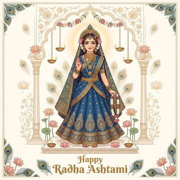 Illustration of a divine woman in traditional attire standing within an ornate temple archway frame with graceful woman