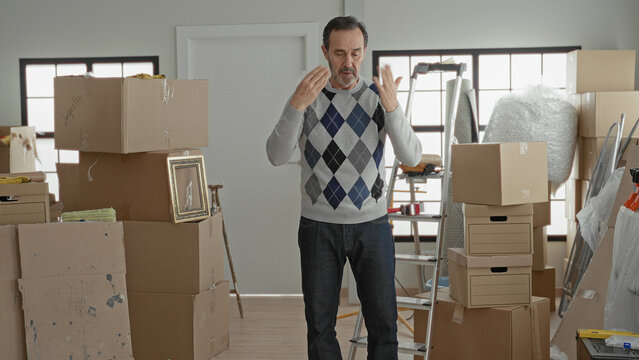 Man wipes face with tissue amid stacked moving boxes in a home building surrounded by ladder and frames; moving fatigue.