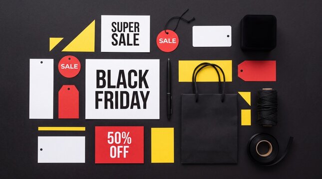 Black Friday super sale with 50% off, including a shopping bag, tags, and sale labels.