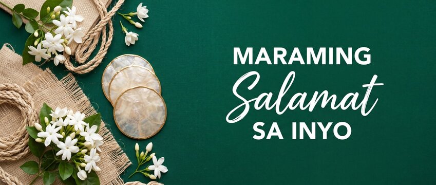Maraming Salamat Sa Inyo Filipino thank you banner with sampaguita flowers and capiz coasters on green background for Tagalog gratitude greeting card and tropical Philippines culture celebration.
